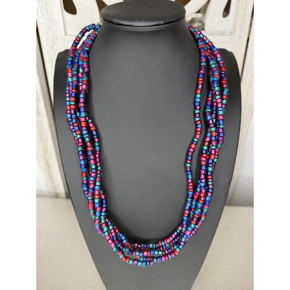 Wood Metallic Bohemian Multi strand Multi Color Rainbow Necklace Boho Glam